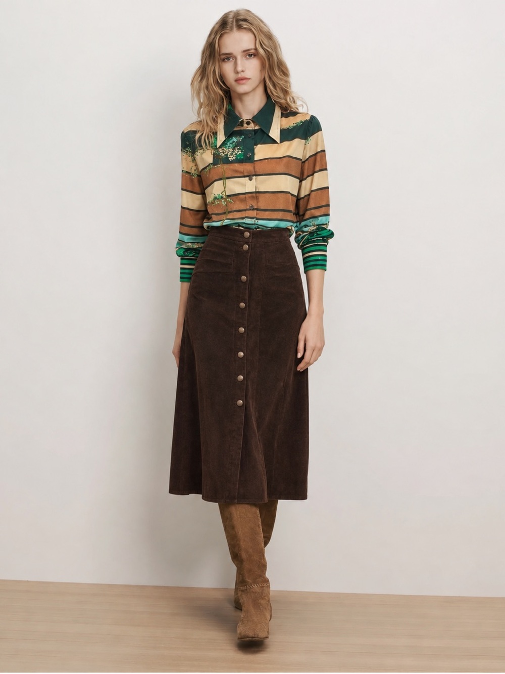 VTG 70s Chocolate Brown Suede Leather Midi Skirt Snap Front Paneled A-Line 12